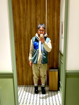 patagoniaのベスト（ブルー系）を使った人気ファッション