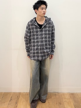 「SENSE OF PLACE by URBAN RESEARCH(センスオブプレイスバイアーバンリサーチ)のチェックシアーフーディーシャツ(シャツ/ブラウス、ブルー系)」を使った、yukiさん(メンズ・168cm)の夏コーディネート