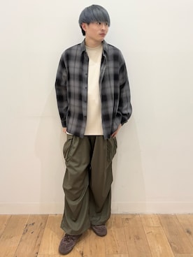 「SENSE OF PLACE by URBAN RESEARCH（センスオブプレイスバイアーバンリサーチ）のオンブレーチェックレギュラーカラーシャツ（シャツ/ブラウス、ブラック系）」を使った、yukiさん（メンズ・168cm）の春コーディネート