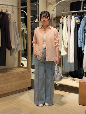 「Jena espace merveilleux（ジェナ　エスパスメルヴェイユ）のバッククロスシャツ（シャツ/ブラウス、ピンク系）」を使った、うたさん（レディース・158cm）の春コーディネート