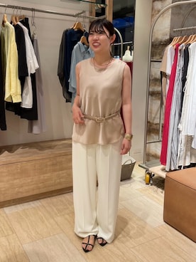 「Jena espace merveilleux(ジェナ エスパスメルヴェイユ)の〈7/17インスタライブご紹介アイテム〉サテンノースリブラウス(シャツ/ブラウス、ベージュ系)」を使った、うたさん(レディース・158cm)の夏コーディネート