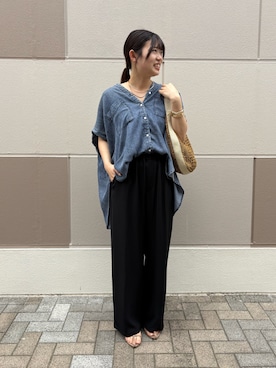「Jena espace merveilleux(ジェナ エスパスメルヴェイユ)の【サラサラ半袖デニム】テンセルフレンチシャツ(シャツ/ブラウス、ブルー系)」を使った、うたさん(レディース・158cm)の夏コーディネート