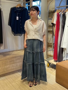 「Jena espace merveilleux(ジェナ エスパスメルヴェイユ)の袖ギャザーシャツ(シャツ/ブラウス、ベージュ系)」を使った、うたさん(レディース・158cm)の夏コーディネート