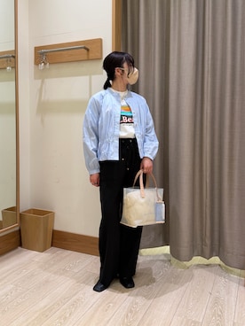 「fredy emue（フレディエミュ）のクロップドバルーン前開きブラウス（シャツ/ブラウス、ブルー系）」を使った、momokaさん（レディース・150cm）の春コーディネート