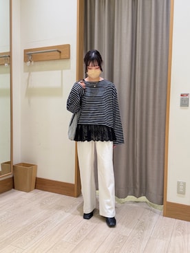 「fredy emue（フレディエミュ）の【人気商品の新型】ボーダーハートステッチルーズロンTシャツ（Tシャツ/カットソー、ブラック系）」を使った、momokaさん（レディース・150cm）の春コーディネート