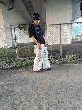 「GRANCY（グランシー）の【GRANCY】Sweat Docking Design Damage Buggy Denim Pants / スウェットドッキングデザインダメージバギーデニムパンツ（デニムパンツ）」を使った、大悟です、どうもさん（メンズ・163cm）の夏コーディネート