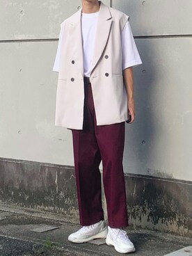 「UNIQLO（ユニクロ）のエアリズムコットンオーバーサイズTシャツ（5分袖）（Tシャツ/カットソー、ホワイト系）」を使った、snobさん（メンズ・172cm）の夏コーディネート