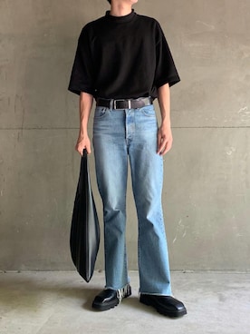 「GU（ジーユー）のアイテム（Tシャツ/カットソー、ブラック系）」を使った、snobさん（メンズ・172cm）の夏コーディネート