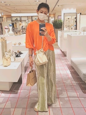 「Futier land（フューティアランド）のマーブル柄プリーツワイドパンツ（その他パンツ）」を使った、さち魚さん（レディース・160cm）の夏コーディネート