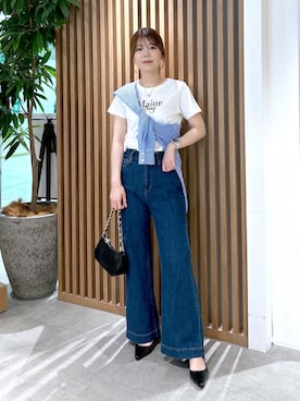 「FREE'S MART（フリーズマート）のショート丈ロゴＴシャツ（Tシャツ/カットソー、ホワイト系）」を使った、takamiさん（レディース・164cm）の夏コーディネート