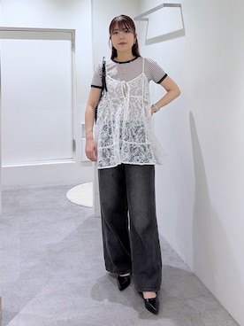 「FREE'S MART（フリーズマート）のロゴ刺繍リンガーTシャツ（Tシャツ/カットソー、ブルー系）」を使った、takamiさん（レディース・164cm）の夏コーディネート