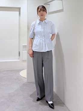 「FREE'S MART（フリーズマート）のシャーリングバルーン袖シャツ（シャツ/ブラウス、ブルー系）」を使った、takamiさん（レディース・164cm）の春コーディネート