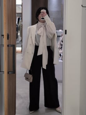 「Whim Gazette（ウィムガゼット）のシフォンボウタイブラウス（シャツ/ブラウス、ホワイト系）」を使った、wgsatou84さん（レディース・162cm）の冬コーディネート