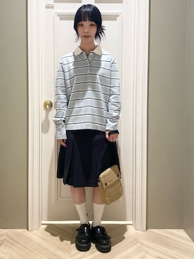 「Barbour（バブアー）のAshwell ボーダーラグビーポロシャツ（レディース）（ポロシャツ、ブルー系）」を使った、Barbour スタッフさん（レディース・175cm）の夏コーディネート