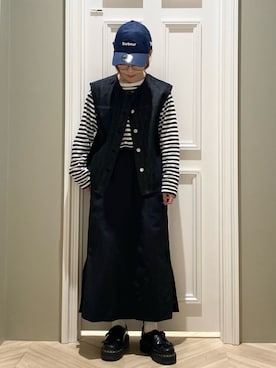 「Barbour（バブアー）のMyraデニム ノースリーブシャツ（レディース）（シャツ/ブラウス、ブラック系）」を使った、Barbour スタッフさん（レディース・157cm）の春コーディネート