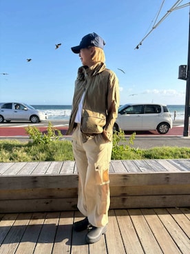 「Barbour（バブアー）のRowane シャワープルーフ ジャケット（レディース）（ナイロンジャケット、グリーン系）」を使った、Barbour スタッフさん（レディース・157cm）の春コーディネート