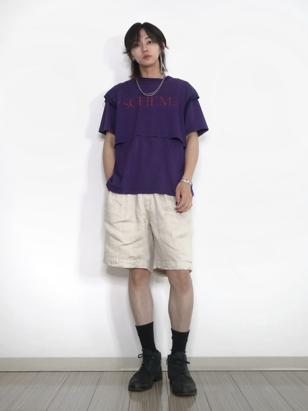 「夏だ！Tシャツ着よう！、シンプルスタイル、きれいめカジュアル、夏コーデ、休日コーデ、古着MIX、今日のコーデ、ハーフパンツ、Tシャツ、半袖シャツ、紫、パープル、TAKATO」｜「JOHN LAWRENCE SULLIVANのアイテム（Tシャツ/カットソー、パープル系）」を使った、 TAKATOさん（メンズ・172cm）の夏コーディネートの1枚目の写真