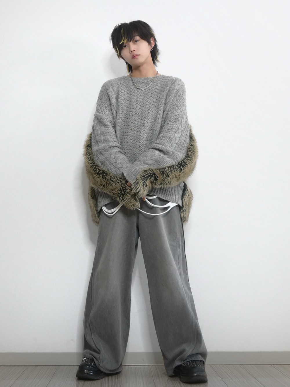 GRANCY ジップデザイン バギーデニム パンツ グレーLサイズ