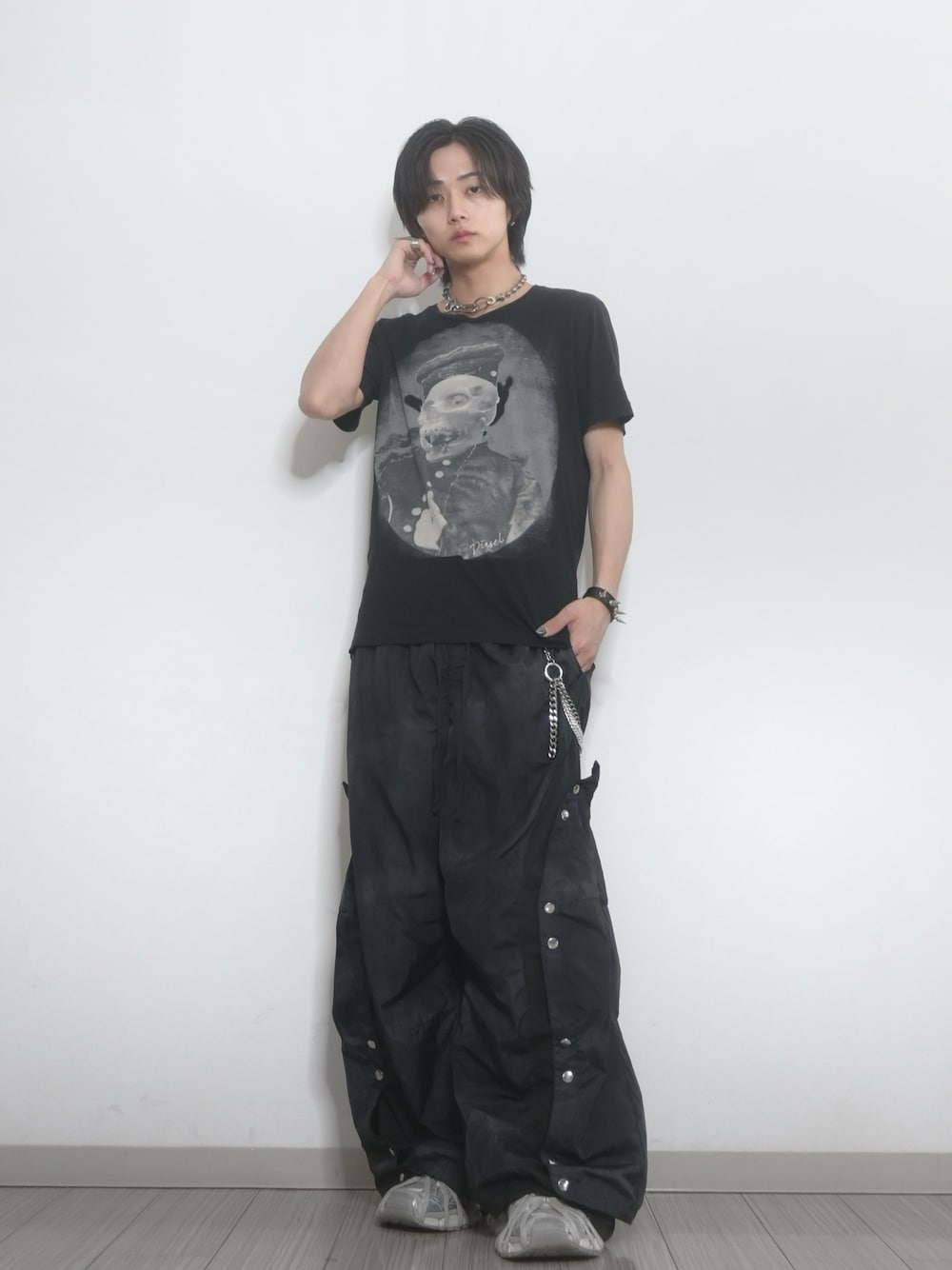 GRANCY ボタンレイヤードデザインナイロンパンツ ブラック GRANCY】Button Layered Design Nylon Pants / ボタンレイヤード