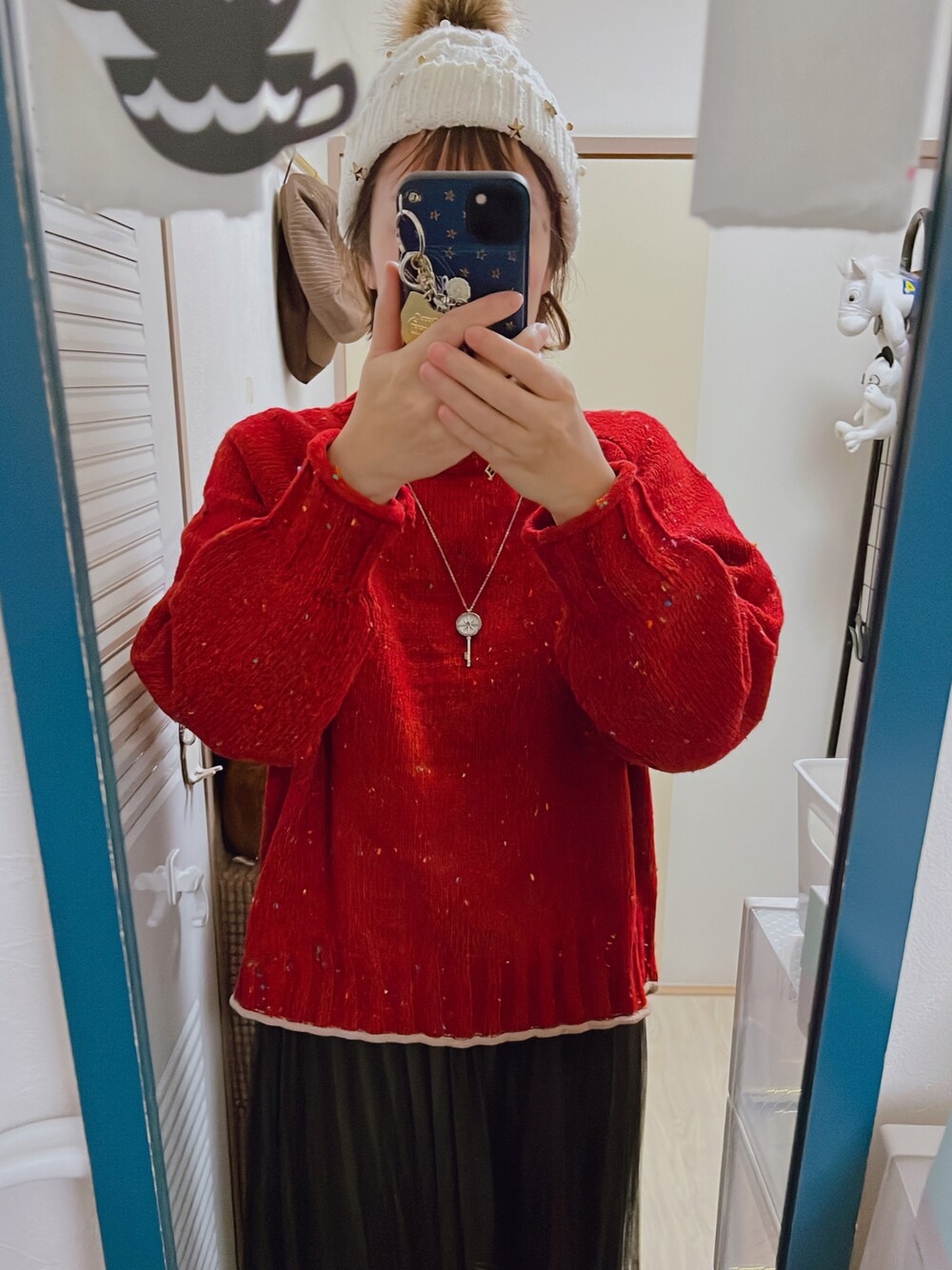 「飲み会コーデ、秋冬コーデ」｜「AS KNOW AS plusのアイテム（ニット/セーター、レッド系）」を使った、amiruri184さん（骨格ウェーブ・レディース・164cm）の冬コーディネートの1枚目の写真
