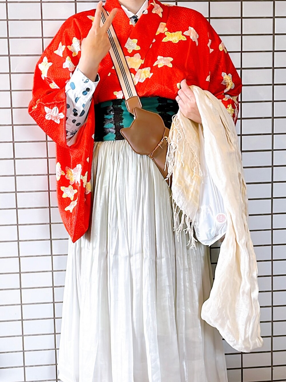 「春めき満開コーデ、和洋折衷、着物、着物コーデ、着物×スカート、帯ベルト、春色、ポケモン、レディースファッション」｜「まよなかのアトリエのアイテム（スカート、グリーン系）」を使った、amiruri184さん（レディース・164cm）の春コーディネートの1枚目の写真