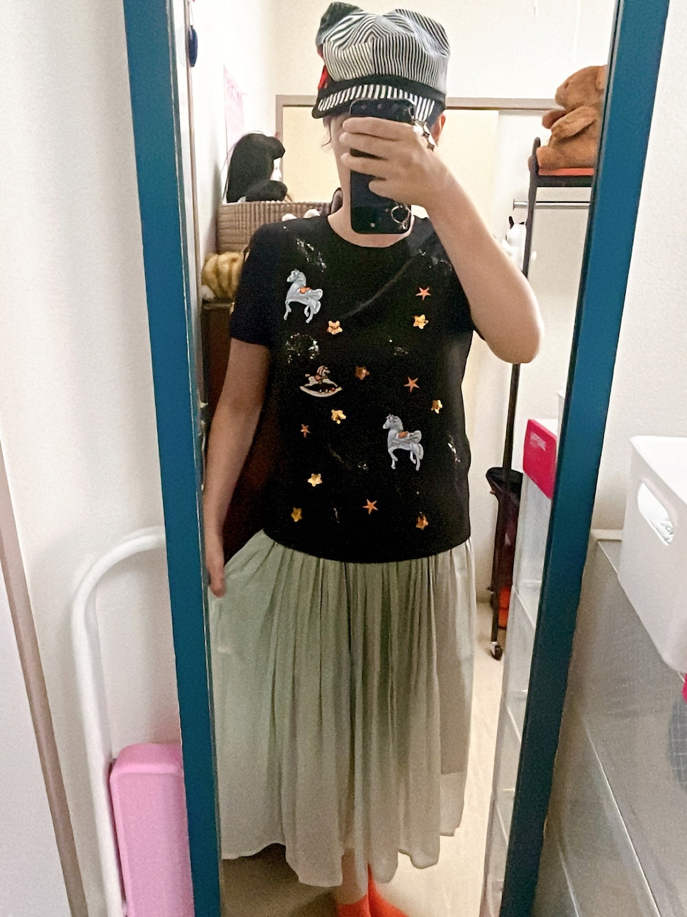 「夏ルックで気分アップ、夏コーデ、夏服コーデ、カジュアルガーリー、Tシャツ、スカート、キャスケット、Tシャツ×スカート、まよなかのアトリエ」｜「TAMA-ZOのアイテム（キャスケット、ブルー系）」を使った、amiruri184さん（レディース・164cm）の夏コーディネートの1枚目の写真