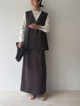 「CROSS FUNCTION（クロスファンクション）のアイテム（ニット/セーター）」を使った、CF ECスタッフさん（レディース・165cm）の秋コーディネート