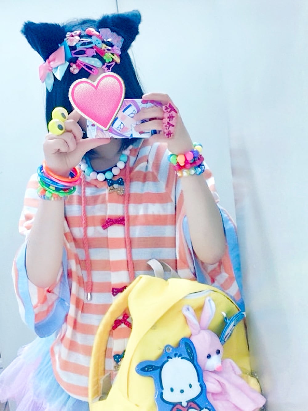 「原宿系、カラフル、カラフルコーデ、デコラ」｜「しまむらのアイテム（ポンチョ、オレンジ系）」を使った、ちよこさん（レディース・160cm）の夏コーディネートの1枚目の写真
