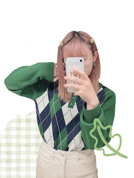 「GU（ジーユー）のアイテム（ニット/セーター、グリーン系）」を使った、kechanさん（レディース・157cm）の秋コーディネート