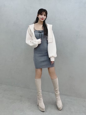 「EATME（イートミー）のバイカラーキャミニットアンサンブルミニワンピース（ワンピース、グレー系）」を使った、真里さん（レディース・162cm）の冬コーディネート