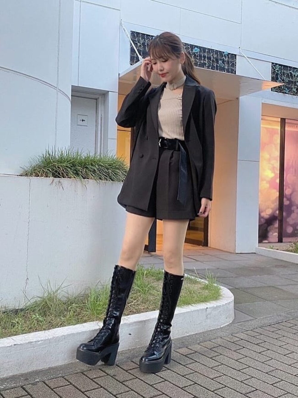 ワンピース風 チュニック ショートパンツ ベルト セットアップ ベルト付きカシュクールチュニック×ワイドパンツセットアップ