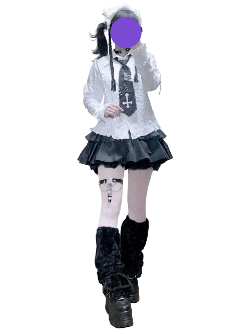 「地雷、ゴシック、モノトーン、ネクタイ、ヘッドドレス、ティアードスカート、レッグウォーマー」｜「DimMoireのGothic 学園ブラウス（シャツ/ブラウス、ホワイト系）」を使った、#7A4AD2さん（レディース・158cm）の冬コーディネートの1枚目の写真