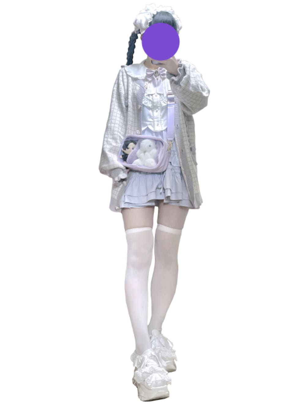 「地雷、ガーリー、カーディガン、ヘッドドレス、ラベンダー、淡色コーデ」｜「Ank Rougeの裾スカラップブラウス（シャツ/ブラウス、ホワイト系）」を使った、#7A4AD2さん（レディース・158cm）の秋コーディネートの1枚目の写真