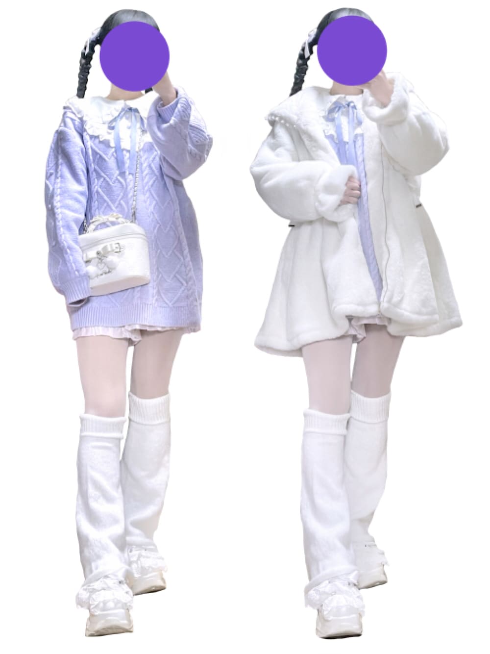 「ガーリー、ニットワンピース、ラベンダー、ホワイト、レッグウォーマー」｜「Honey Cinnamonのコットンレース配色ニットワンピース（ワンピース、パープル系）」を使った、#7A4AD2さん（レディース・158cm）の冬コーディネートの1枚目の写真