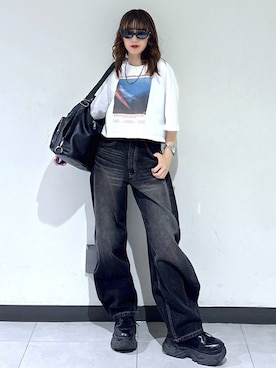 「PAGEBOY（ページボーイ）のレースアップソックスブーツ（ブーツ、ブラック系）」を使った、saeさん（レディース・152cm）の春コーディネート