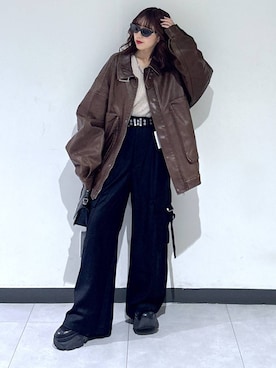 「アイテム（スラックス、ブラック系）」を使った、saeさん（レディース・152cm）の秋コーディネート