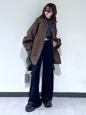 「アイテム（スラックス、ブラック系）」を使った、saeさん（レディース・152cm）の秋コーディネート