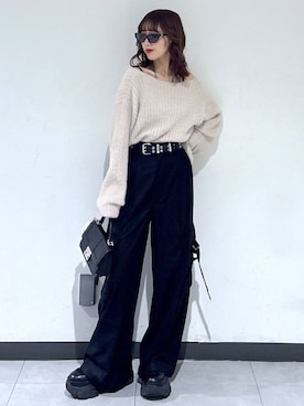 「アイテム（スラックス、ブラック系）」を使った、saeさん（レディース・152cm）の秋コーディネート