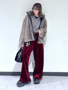 「アイテム（パンツ、レッド系）」を使った、saeさん（レディース・152cm）の冬コーディネート