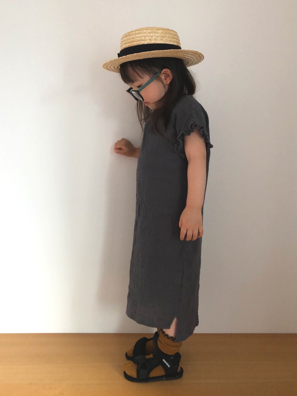 「休日スタイル、夏コーデ、女の子、カンカン帽、ワンピース、サンダル、スポーツサンダル」｜「西松屋のアイテム（帽子、ベージュ系）」を使った、coco   さん（キッズ・90cm）の夏コーディネートの1枚目の写真