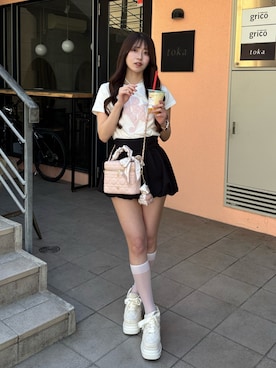 「one after another NICE CLAUP(ワンアフターアナザーナイスクラップ)のアソートサスティナブルTシャツ(Tシャツ/カットソー、ホワイト系)」を使った、mokaさん(レディース)の春コーディネート
