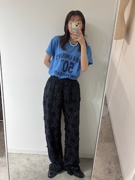 「crinkle crinkle crinkle(クリンクルクリンクルクリンクル)の【crinkle crinkle crinkle】dot 3D rayon shuntang easy pants/ドット3Dレーヨンシャンタンイージーパンツ(その他パンツ、ブラック系)」を使った、yuuさん(レディース・158cm)の夏コーディネート