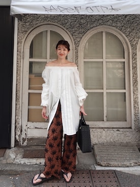 「crinkle crinkle crinkle(クリンクルクリンクルクリンクル)の【crinkle crinkle crinkle】multiway grandpa shirts skirt/マルチウェイグランパシャツスカート(スカート、ホワイト系)」を使った、yuuさん(レディース・158cm)の夏コーディネート
