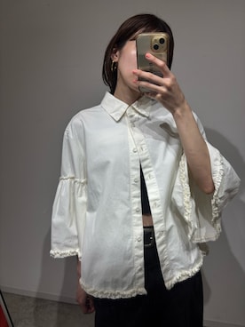 「crinkle crinkle crinkle(クリンクルクリンクルクリンクル)の【crinkle crinkle crinkle】garment dye frill shirts/ガーメントダイフリルシャツ(シャツ/ブラウス、ホワイト系)」を使った、yuuさん(レディース・158cm)の夏コーディネート
