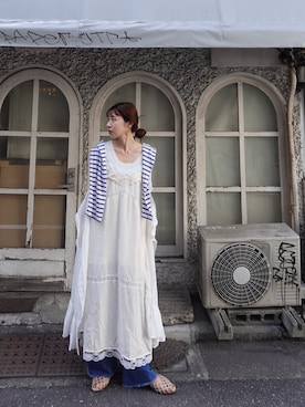 「crinkle crinkle crinkle(クリンクルクリンクルクリンクル)の【crinkle crinkle crinkle】dot cami layer onepiece/ドットキャミレイヤーワンピース(ワンピース、ホワイト系)」を使った、yuuさん(レディース・158cm)の夏コーディネート