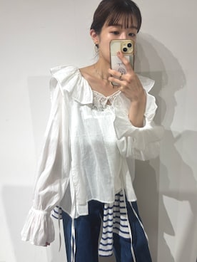 「crinkle crinkle crinkle(クリンクルクリンクルクリンクル)の【crinkle crinkle crinkle】victorian collar blouse/ヴィクリアンカラーブラウス(シャツ/ブラウス、ホワイト系)」を使った、yuuさん(レディース・158cm)の夏コーディネート