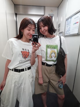 「crinkle crinkle crinkle(クリンクルクリンクルクリンクル)の【crinkle crinkle crinkle】drawing print T shirts /ドローイングプリントTシャツ(Tシャツ/カットソー、オレンジ系)」を使った、yuuさん(レディース・158cm)の夏コーディネート