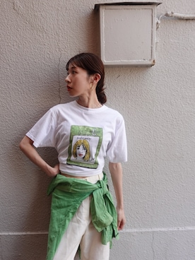 「crinkle crinkle crinkle(クリンクルクリンクルクリンクル)の【crinkle crinkle crinkle】drawing print T shirts /ドローイングプリントTシャツ(Tシャツ/カットソー、グリーン系)」を使った、yuuさん(レディース・158cm)の夏コーディネート