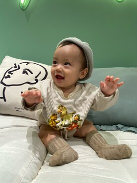 「韓国子供服のアイテム（トップス、ホワイト系）」を使った、ななみんさん（キッズ・70cm）の秋コーディネート