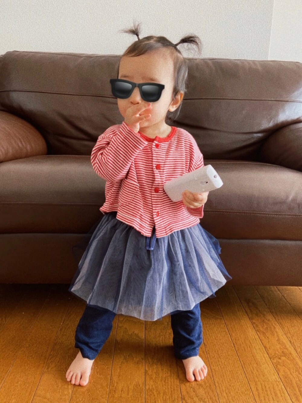 「ボーダー、チュールスカート、休日スタイル、女の子、女の子コーデ、ベビーコーデ、ベビーファッション、女の子ベビー」｜「sense of wonderのアイテム（パンツ、ブルー系）」を使った、たぁたんさん（キッズ・70cm）の秋コーディネートの1枚目の写真
